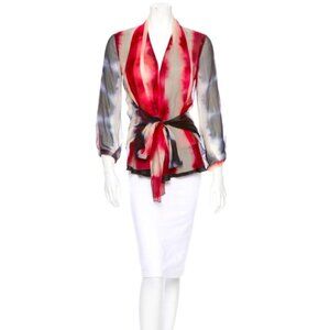 Costume National SILK multicolour blue waist tie Chiffon boho sheer blouse top S